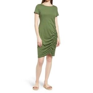 Melrose and Market Green Bronze Ruched Cotton Blend T Shirt Dress Women Size XS